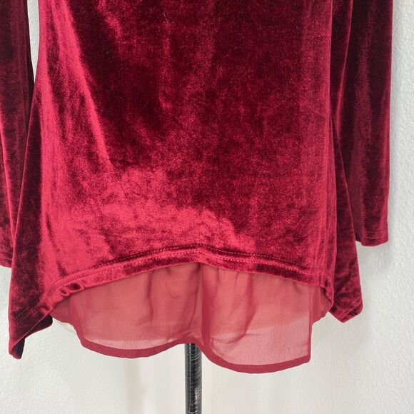 Ruby Red Velvet Tunic Blouse Small Long Sleeves Bertha Cowl Collar Goth Boho - Picture 5 of 11